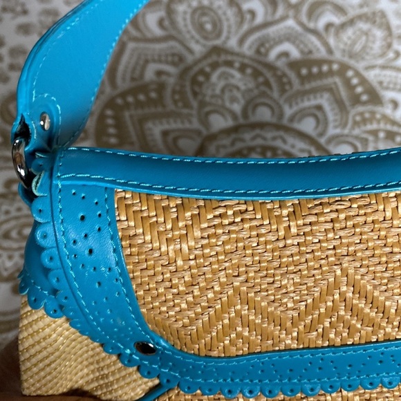 Cole Haan Bags/Cole Haan Megan Beige Straw Mini Satchel Color Blue Turquoise π - Picture 10 of 11